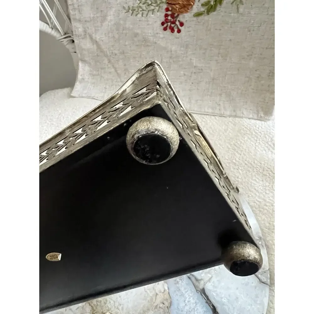 Vintage Antique Pewter Finish Decorative Vanity Serving Tray Pierced Gallery 9x5